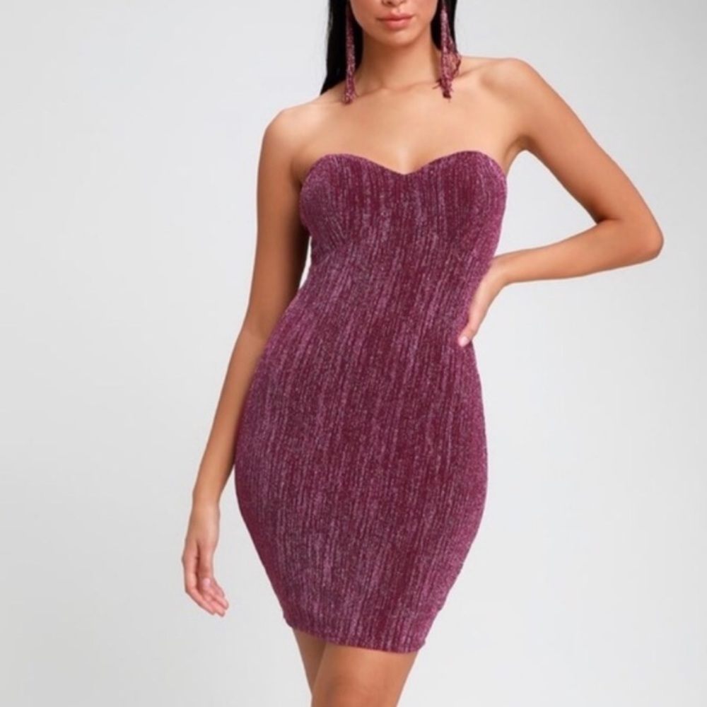 Lulus Night Drive Plum Purple Sparkly Strapless Bodycon Dress size small